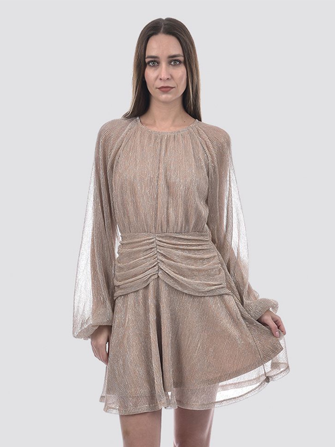 

ONLY Women Textured Puff Sleeves Fit & Flare Dress, Beige