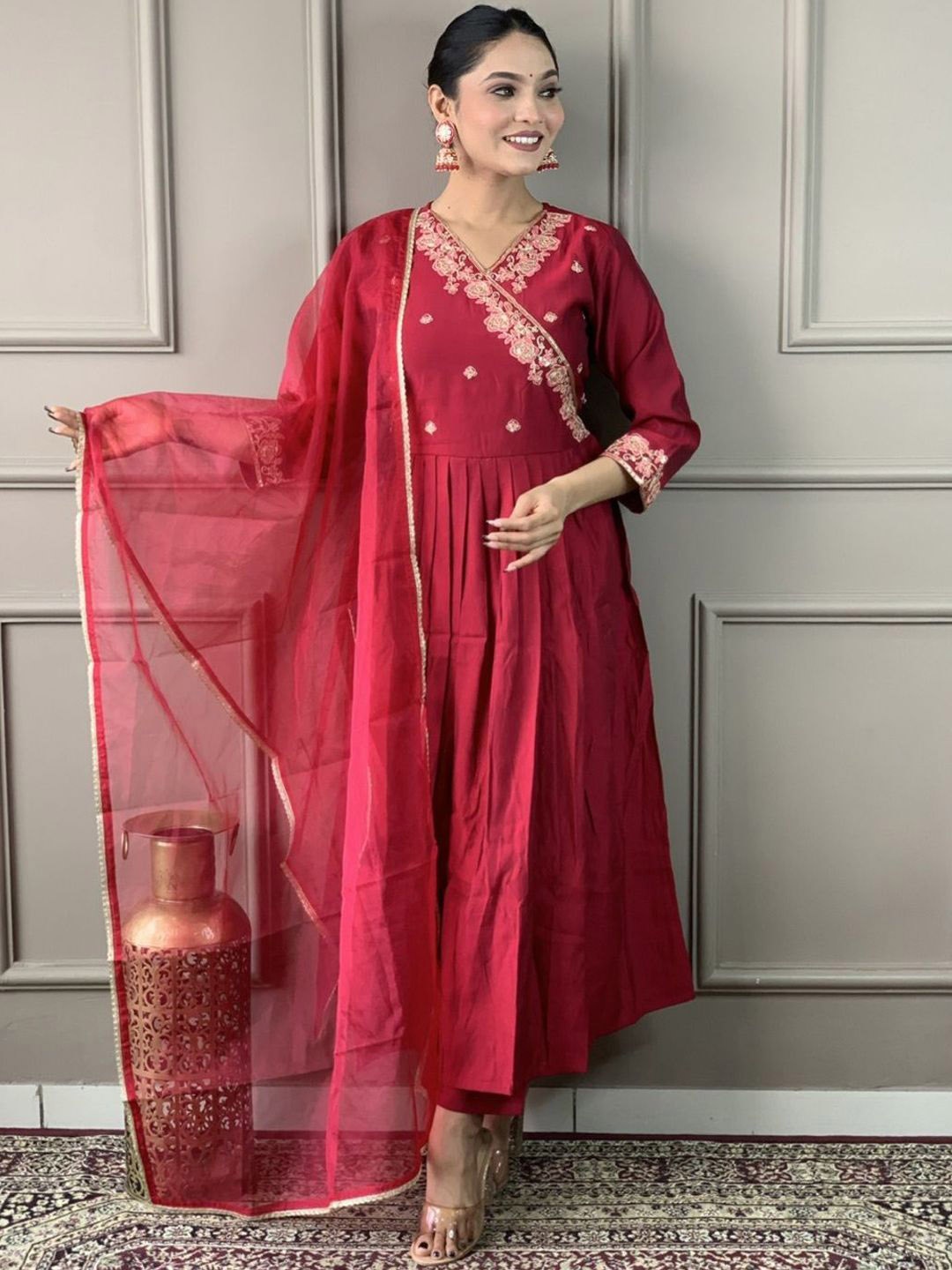 

DIVASTRI Floral Embroidered Sequinned Angrakha Anarkali Kurta With Trousers & Dupatta, Maroon