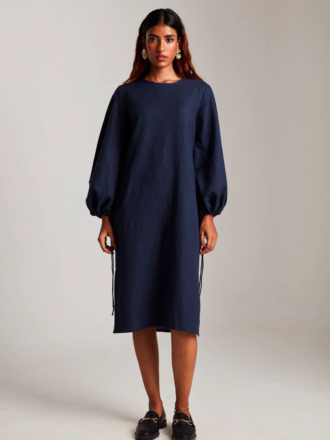 

Saphed Women Puff Sleeve A-Line Dress, Navy blue