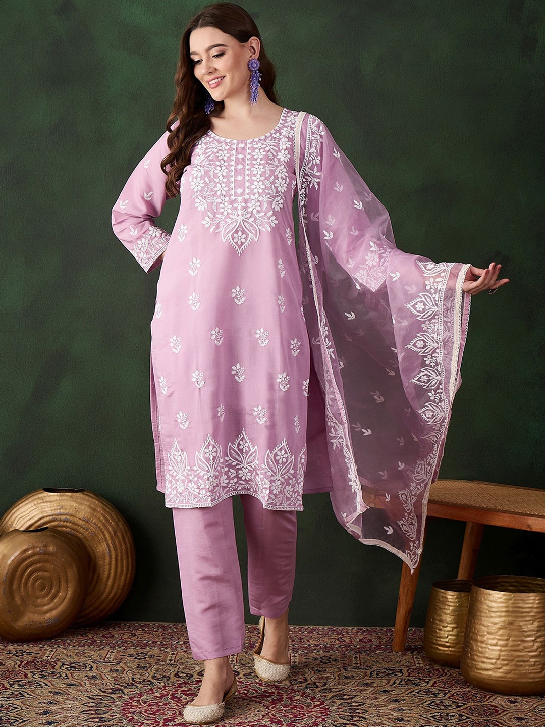 

HERE&NOW Lavender Floral Embroidered Straight Kurta With Trousers & Dupatta