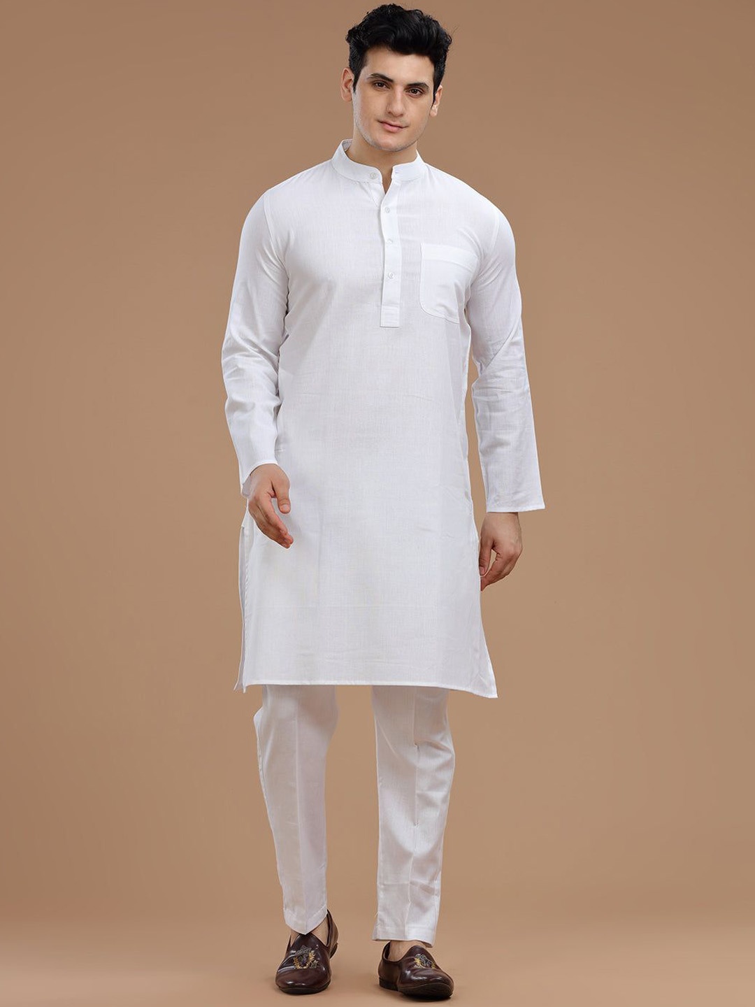 

VIDYARTHI Band Collar Long Sleeves Pure Cotton Khadi Straight Kurta, White