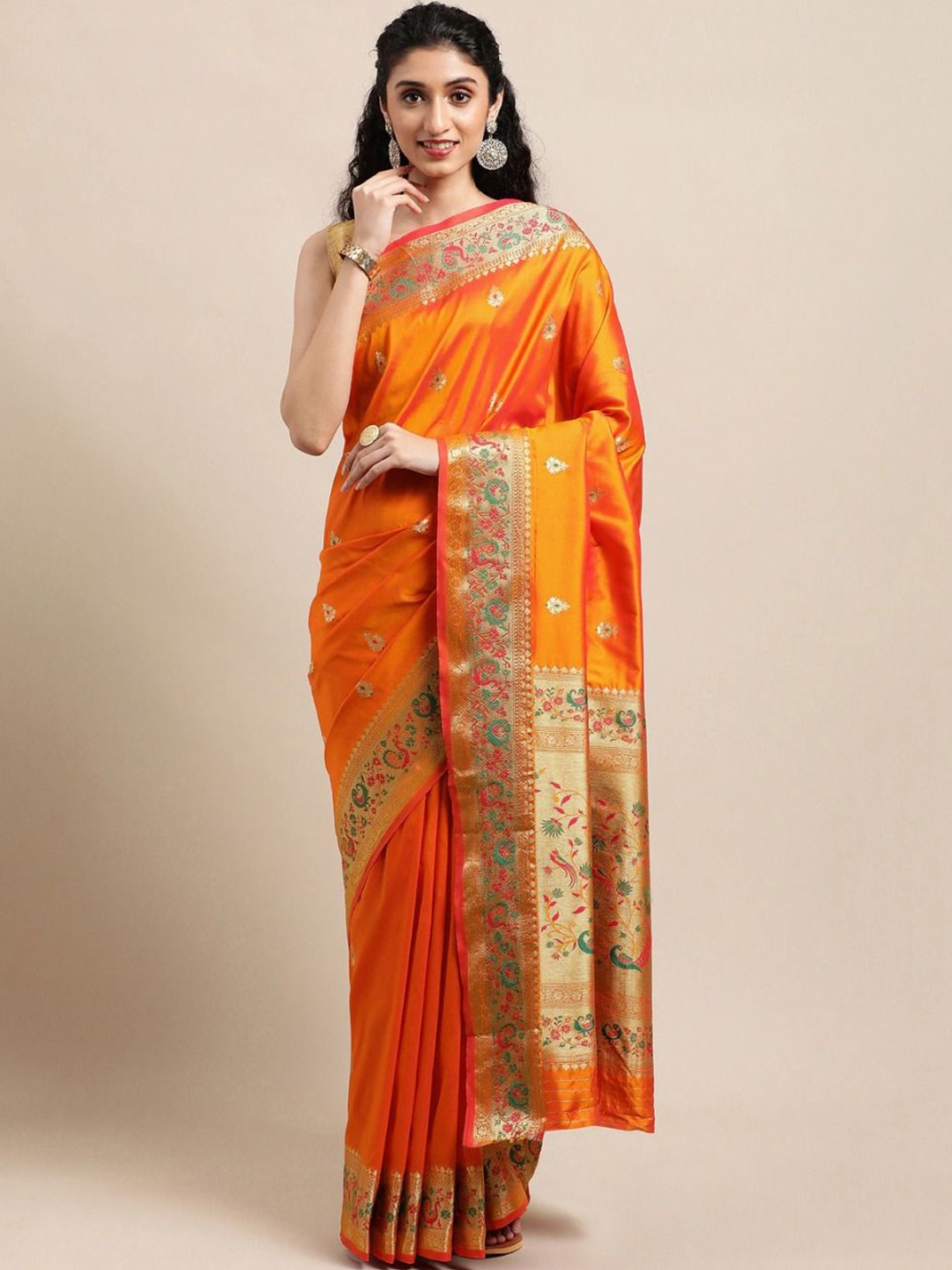 

DIVASTRI Woven Design Zari Paithani Saree With Unstitched Blouse Piece, Orange