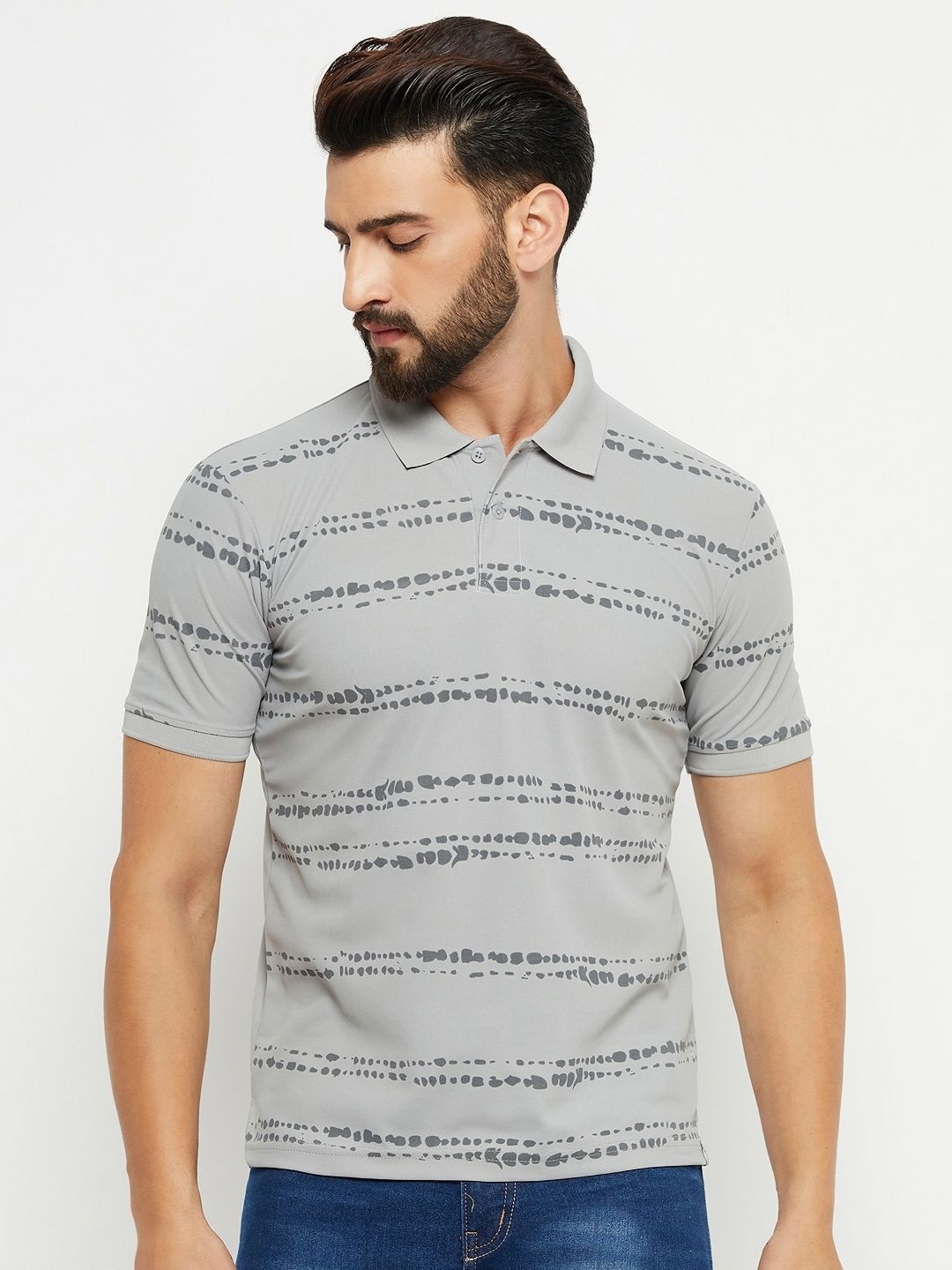 

RENUOVO Men Striped Polo Collar Cotton T-shirt, Grey