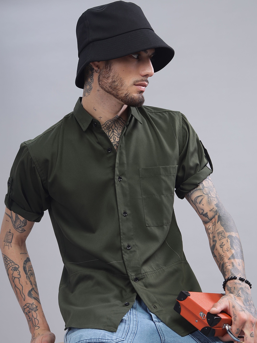 

iCome Men Slim Fit Spread Collar Solid Cotton Linen Casual Shirt, Green