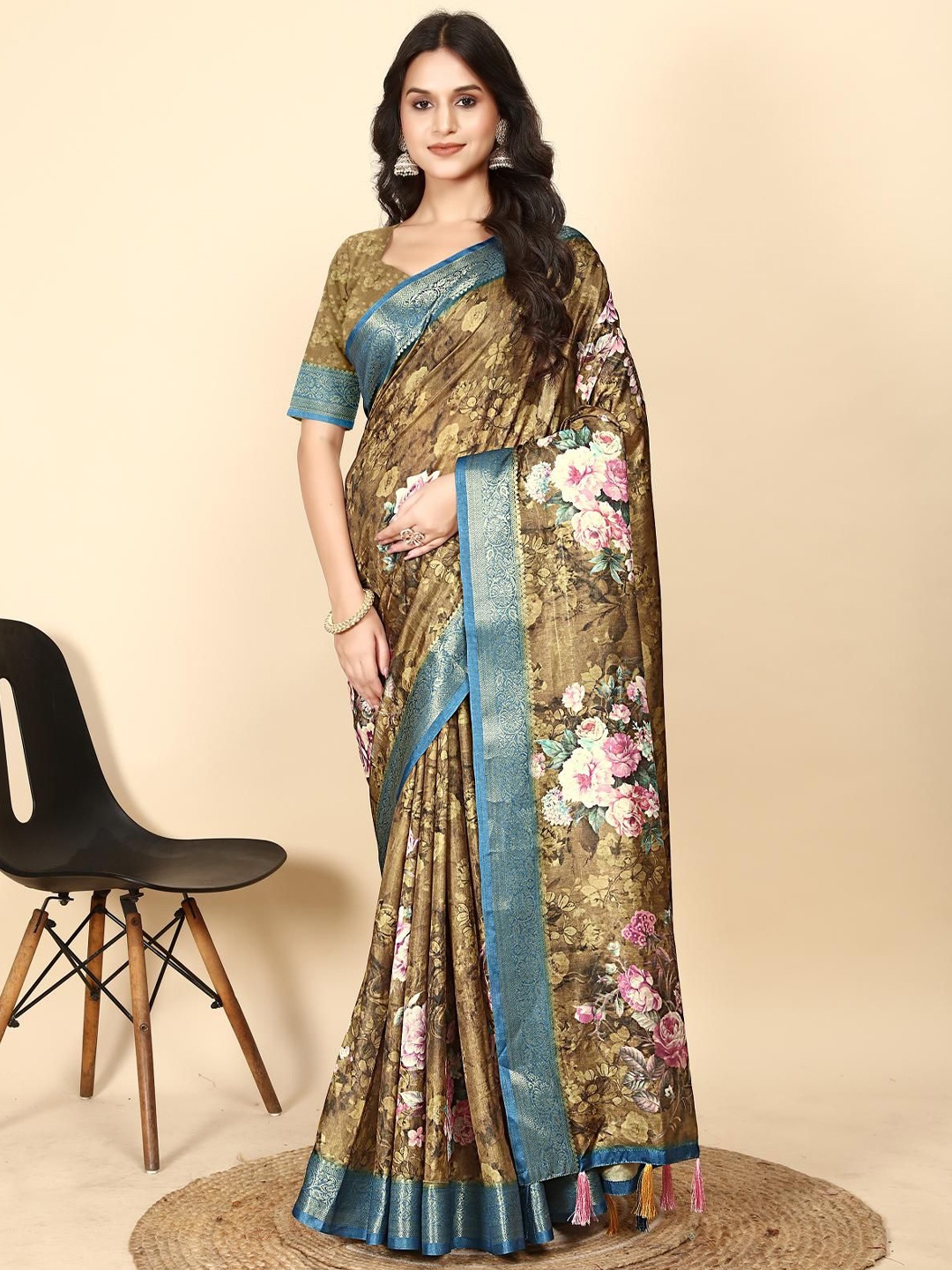 

J 6 DESIGNER Ethnic Motifs Art Silk Designer Block Print Saree, Olive