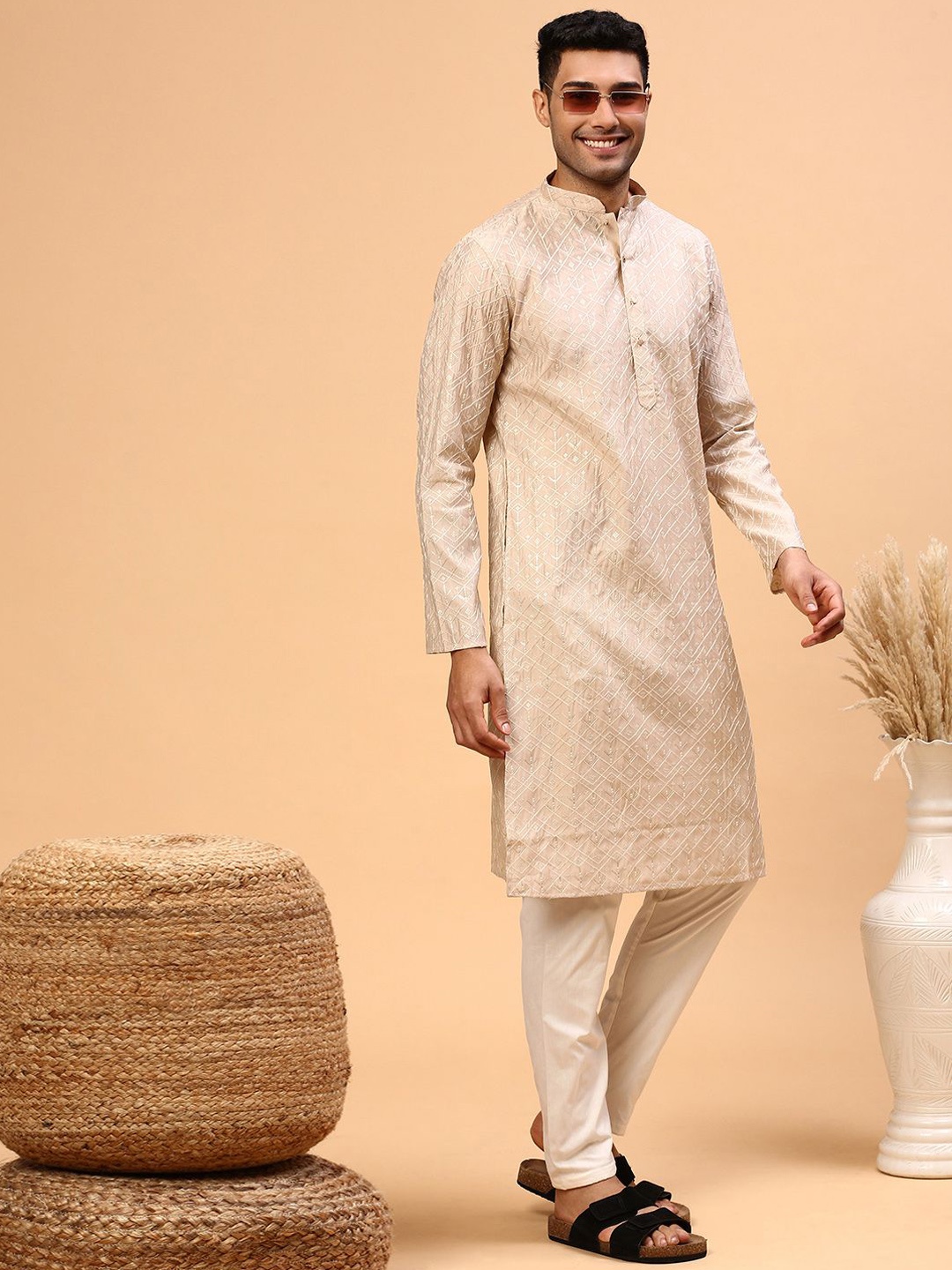 

CS EL Men Jacquard Jacquard Kurta, Peach