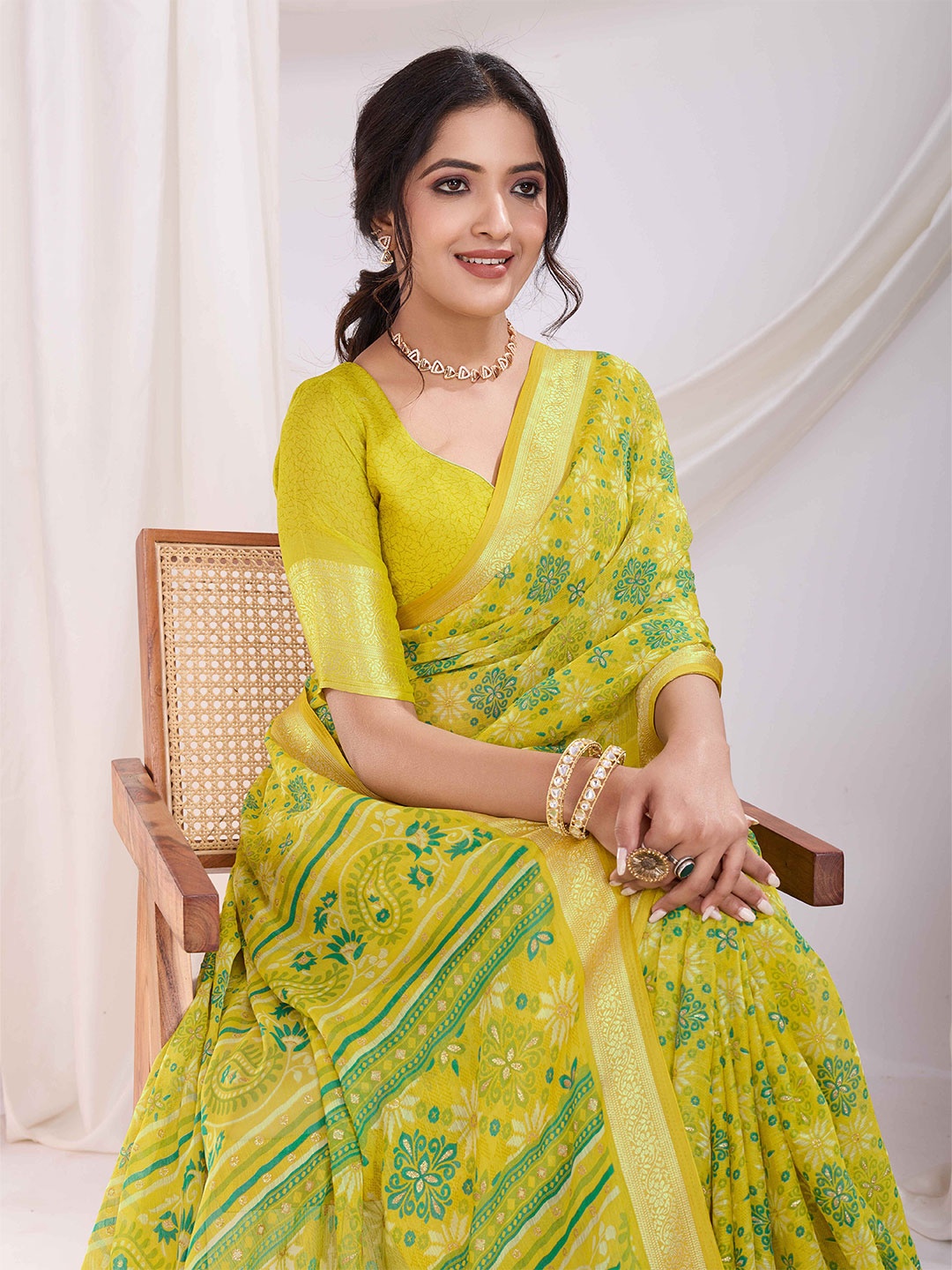 

Mitera Floral Beads and Stones Pure Chiffon Ikat Saree, Lime green