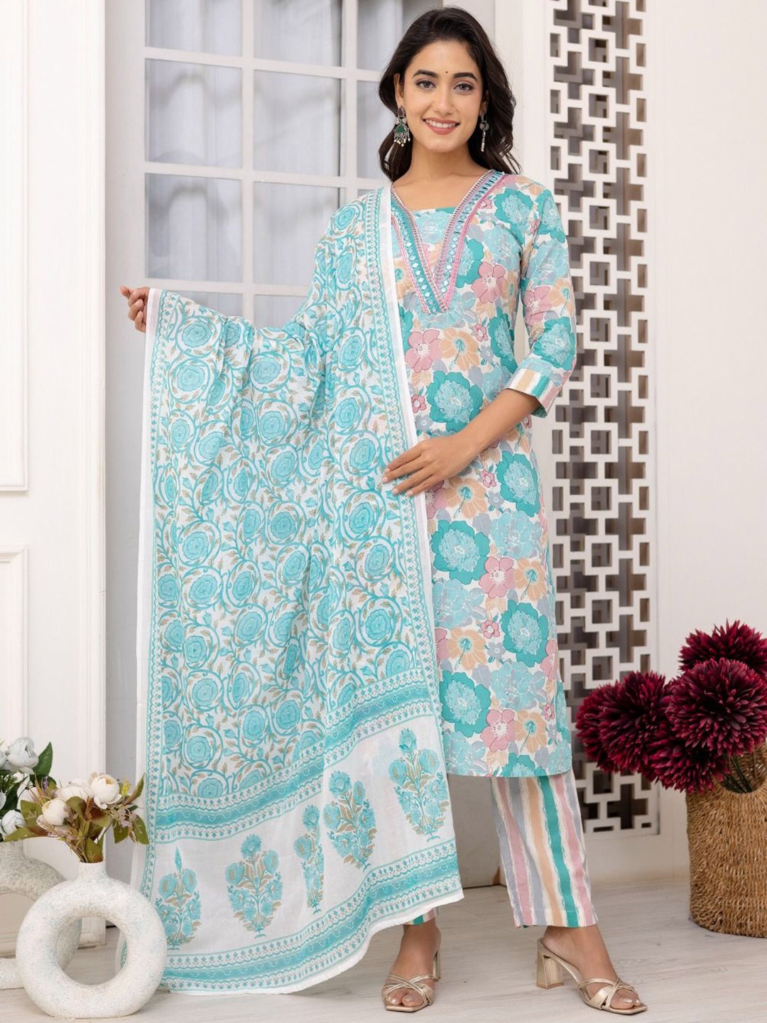 

Anouk Blue Floral Printed Mirror Work Pure Cotton V-Neck Kurta With Trousers & Dupatta, Teal