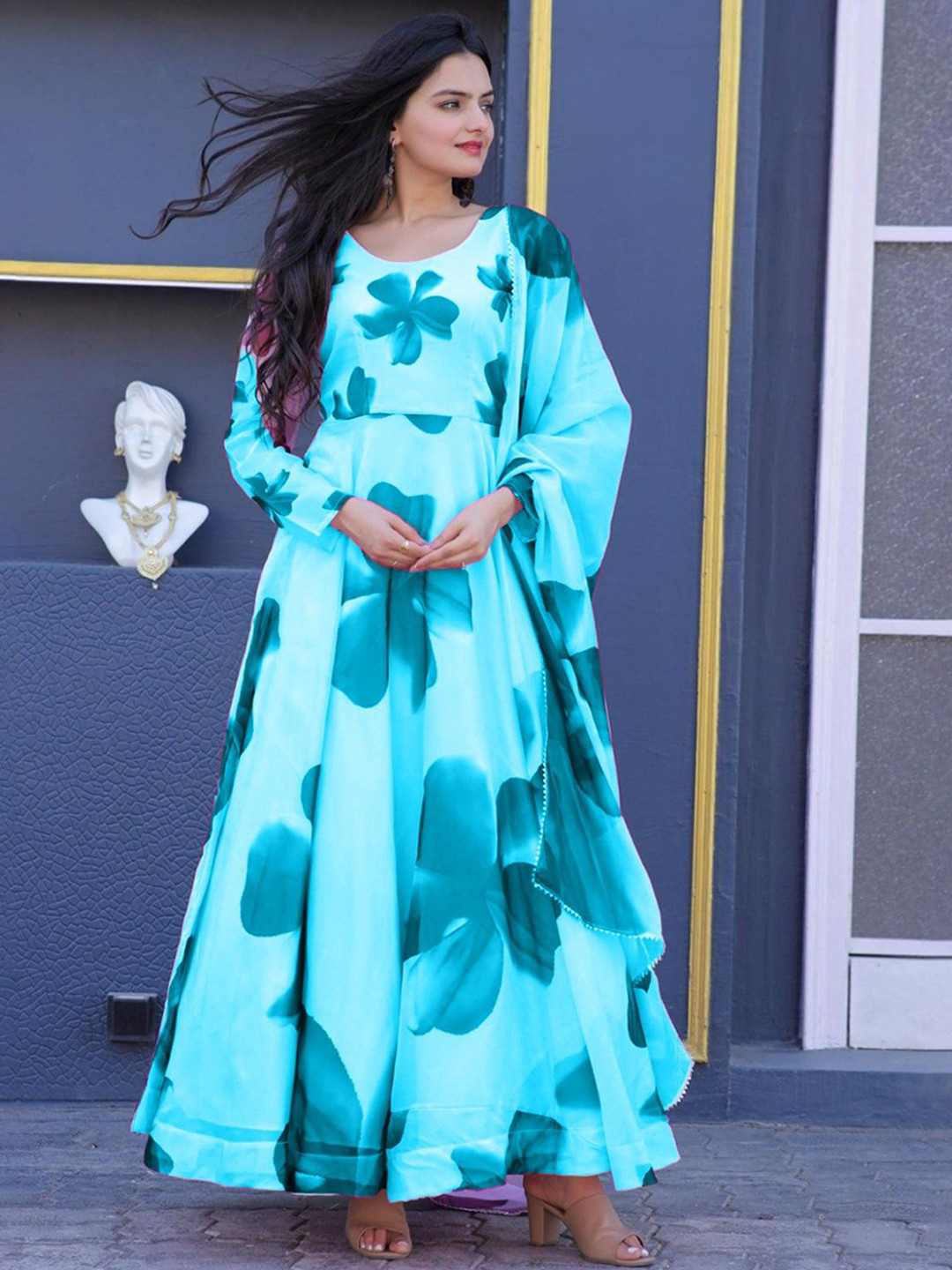 

Jash Creation Floral Printed Fit & Flare Maxi Ethnic Dress with a Dupatta, Blue