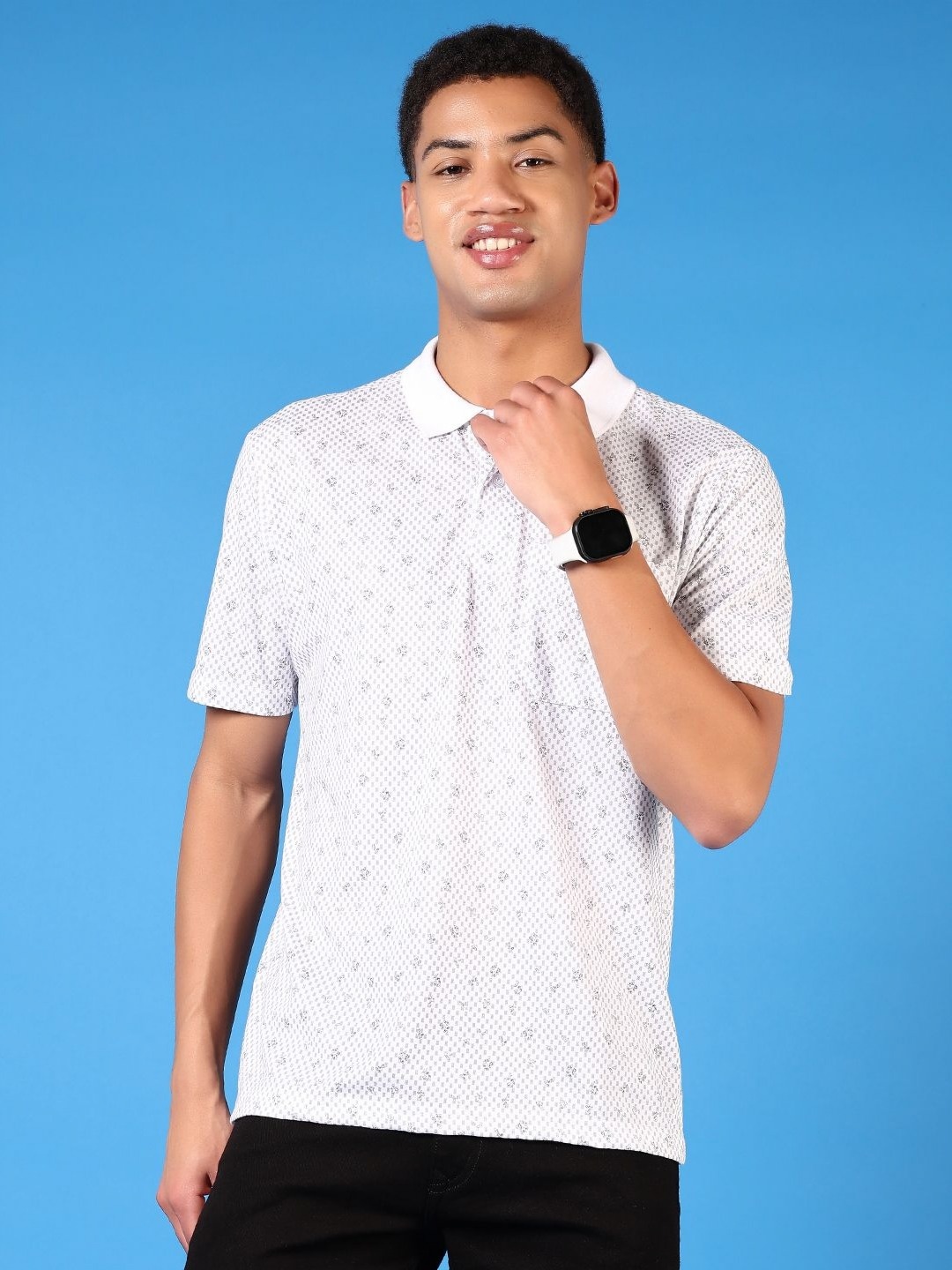 

V-Mart Men Floral Printed Polo Collar Cotton T-shirt, White