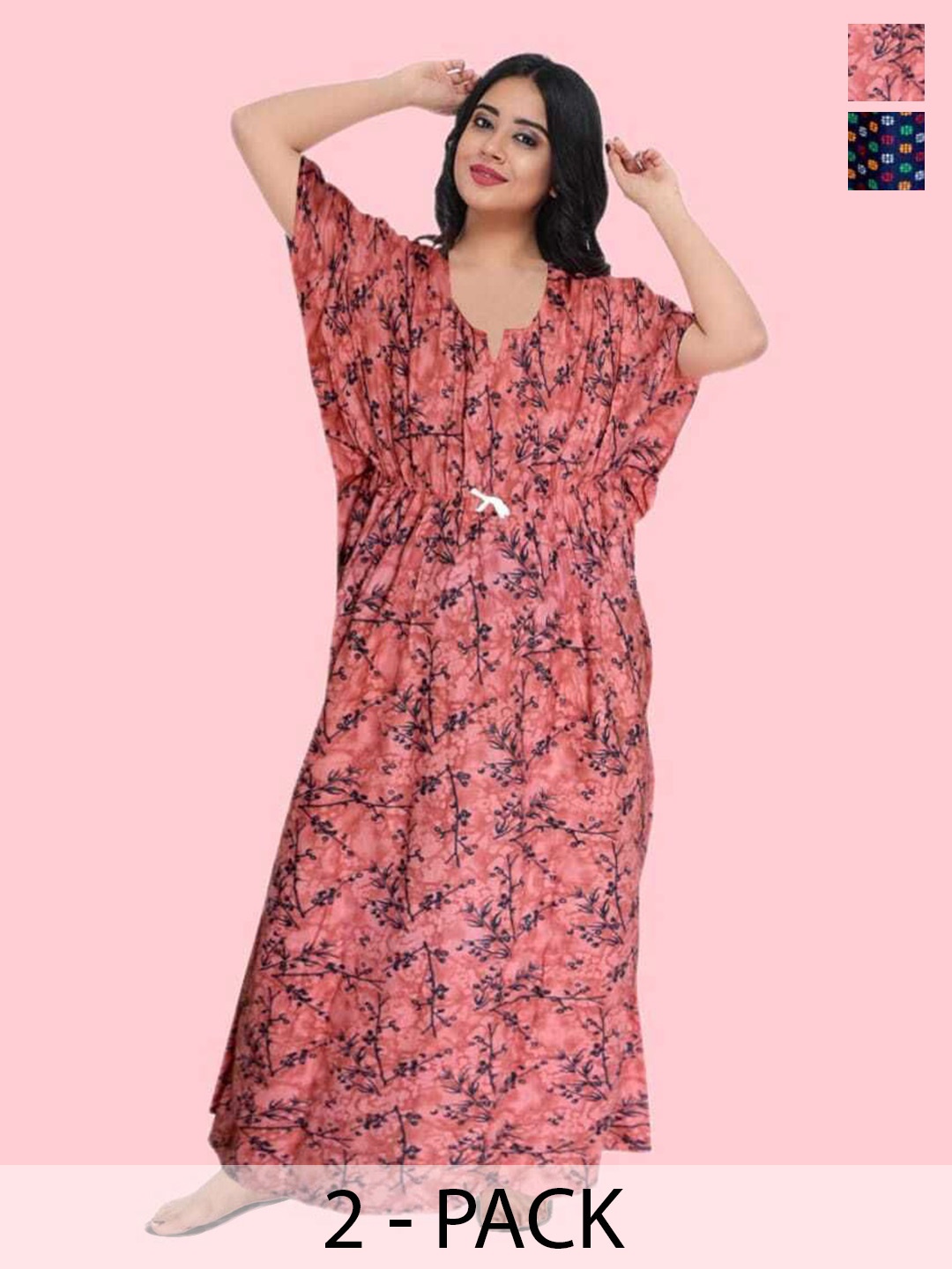 

PR PINK ROYAL Women Pack of 2 Printed Pure Cotton Maxi Nightdress, Orange