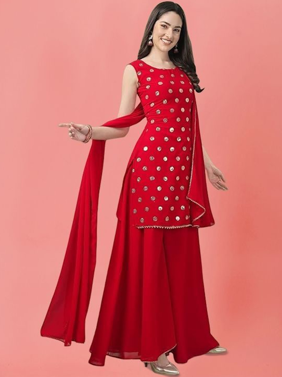 

PARROT CREATION Women Embroidered Regular Sequinned Kurti with Sharara & With Dupatta, Red