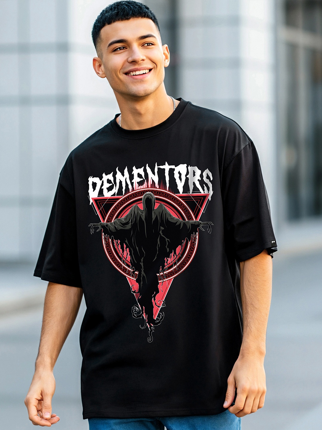 

Bewakoof X Harry Potter Graphic Printed Oversized Fit T-shirt, Black