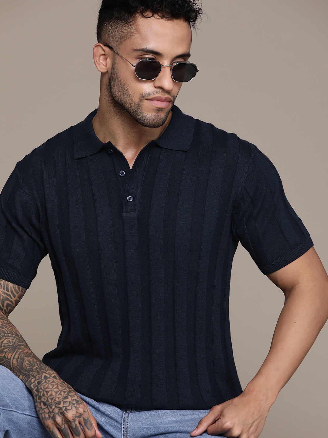 

The Roadster Lifestyle Co. Ribbed Pure Cotton Polo Collar T-shirt, Navy blue