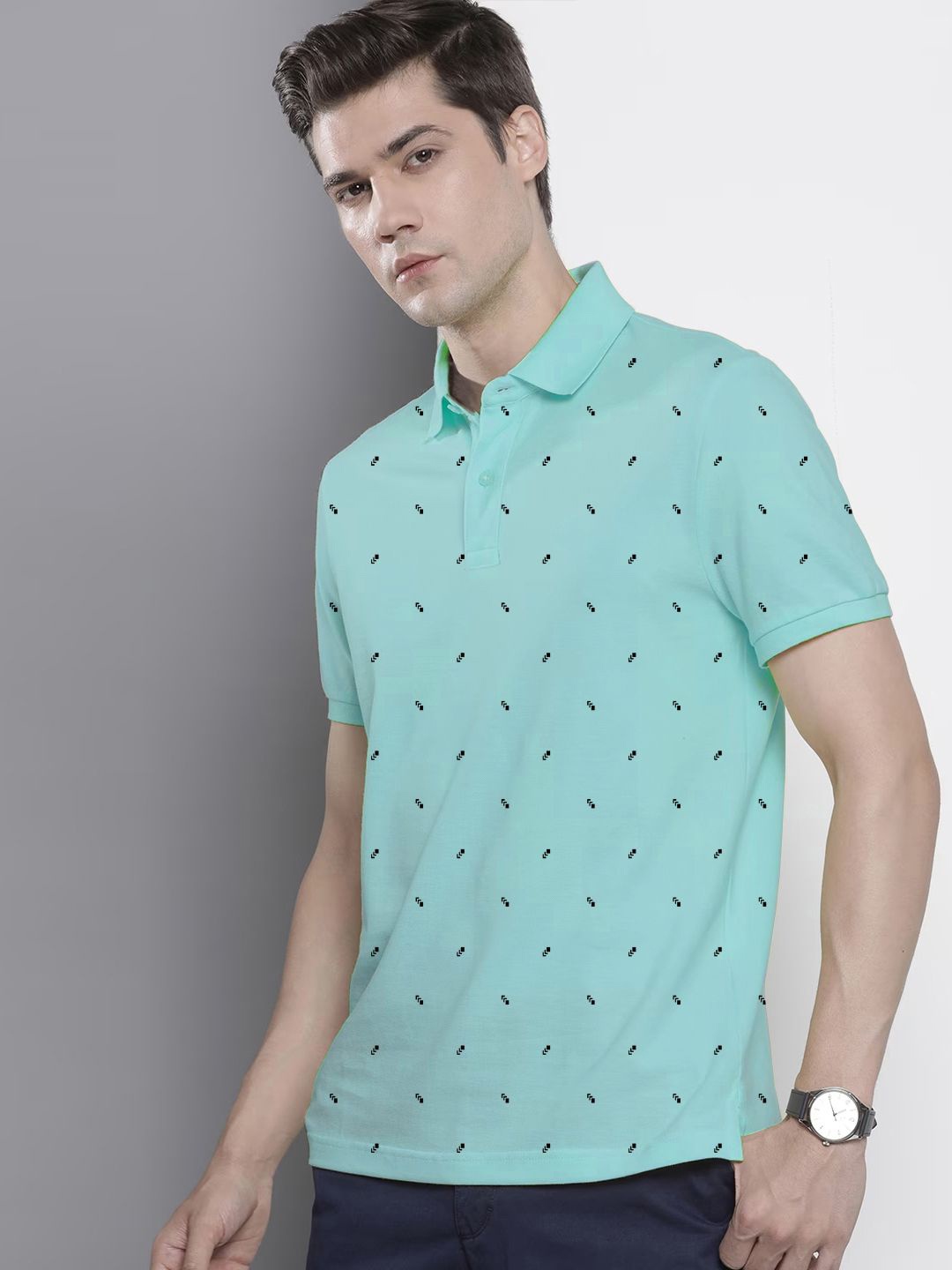 

MERRIMENT Men Geometric Printed Polo Collar Cotton T-shirt, Turquoise blue