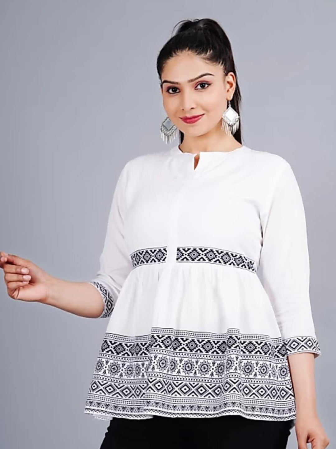 

AAFAMI Women Printed Cotton Peplum Top, White