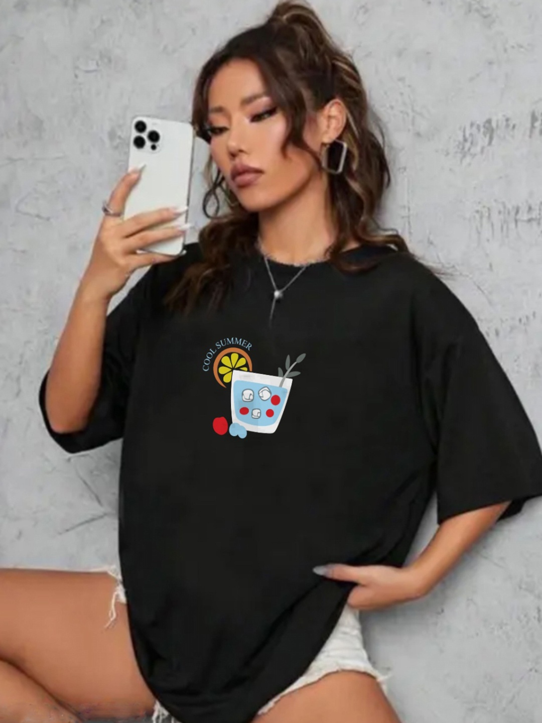 

TOGS & TERRE Women Graphic Printed Round Neck Cotton Oversized T-shirt, Black