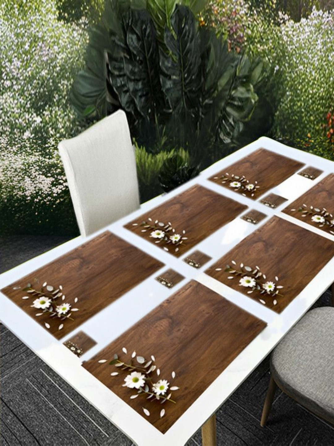 

REVEXO Brown & White 12 Pieces Floral Printed Non Slip Table Placemats With Coasters