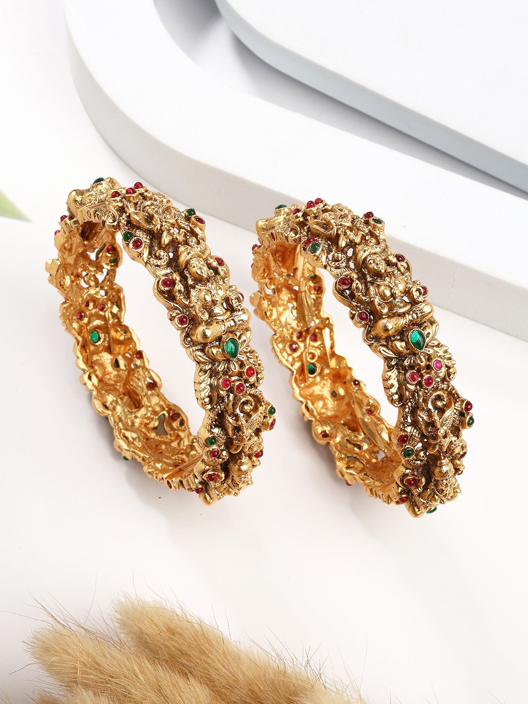 

KARATCART Set Of 2 Gold Plated Kundan Stone Studded Laxmi Mata Temple Bangles