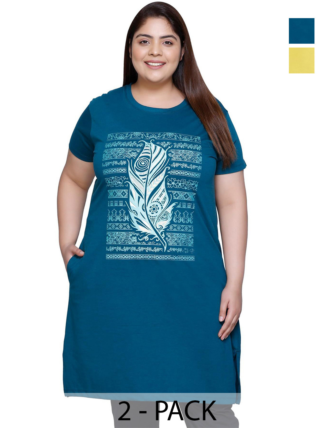 

IN Love Pack of 2 Women Plus Size Front Printed Cotton Nighty Chemise, Blue