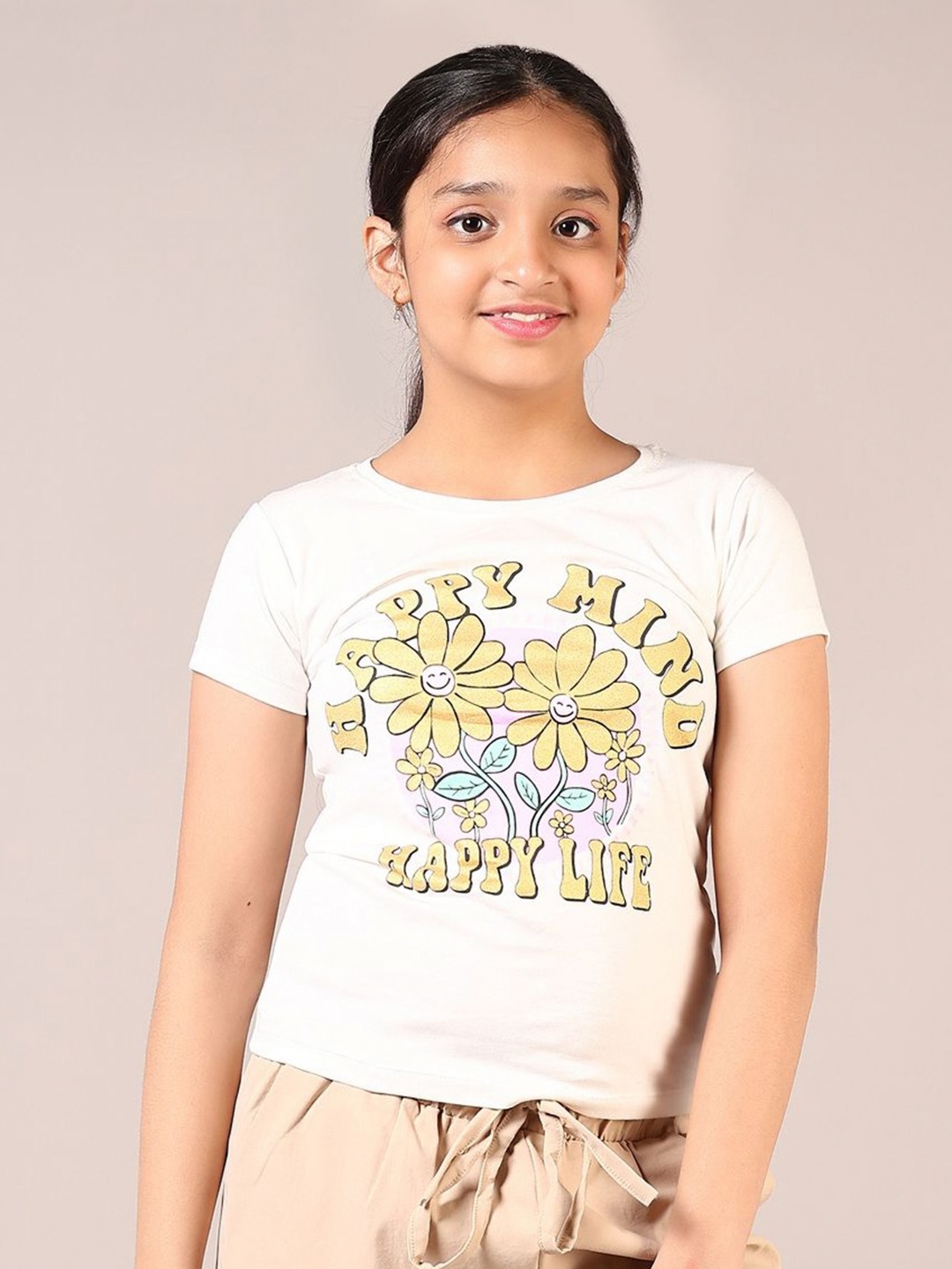 

V-Mart Girls Graphic Printed Round Neck Cotton T-shirt, Off white