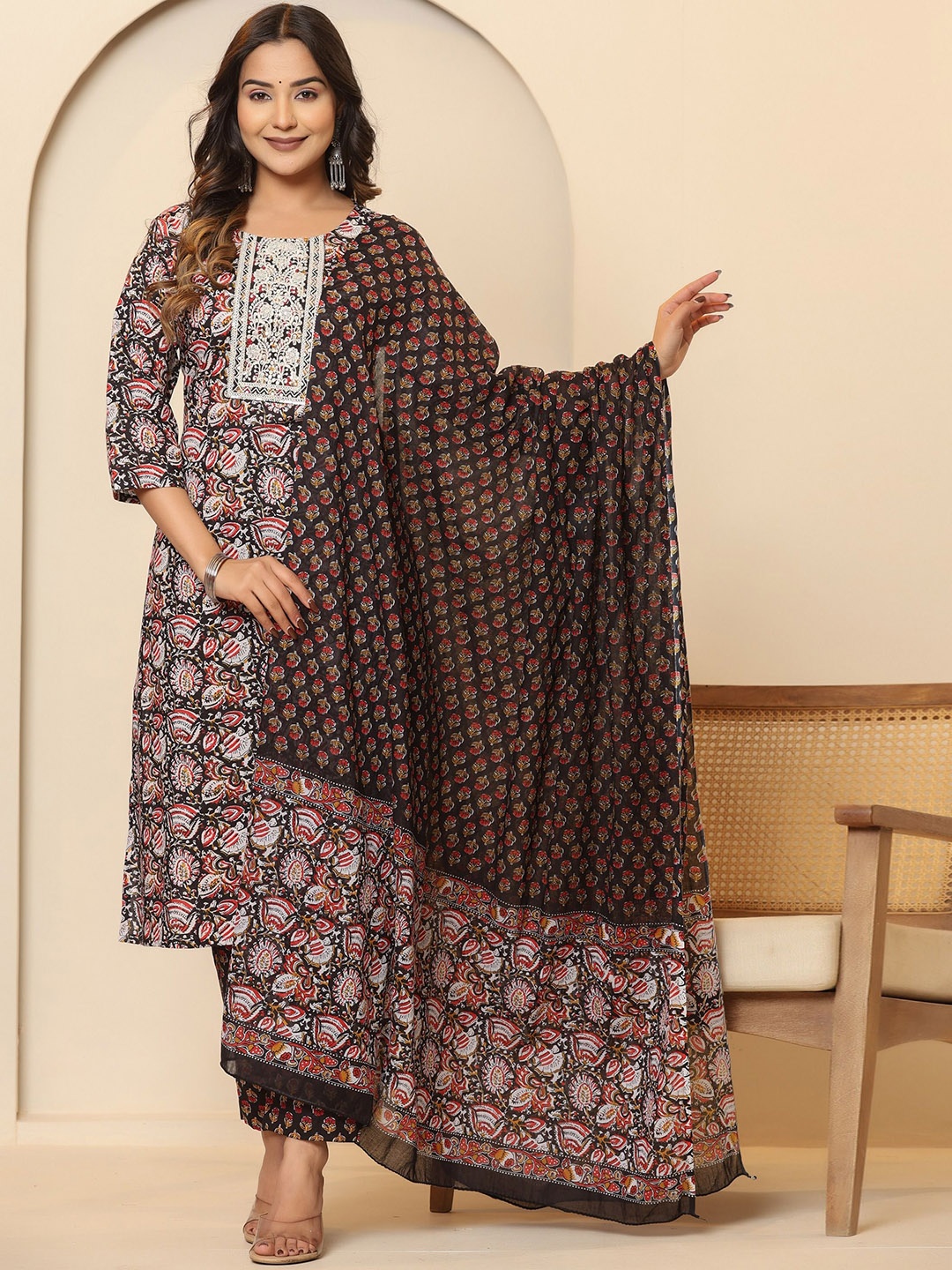 

PRIVIE Floral Printed Pure Cotton Kurta With Trousers & Dupatta, Brown