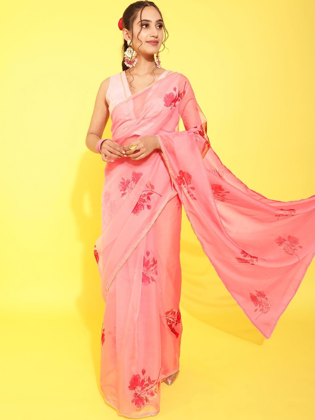

Suha Floral Printed Organza Saree, Pink