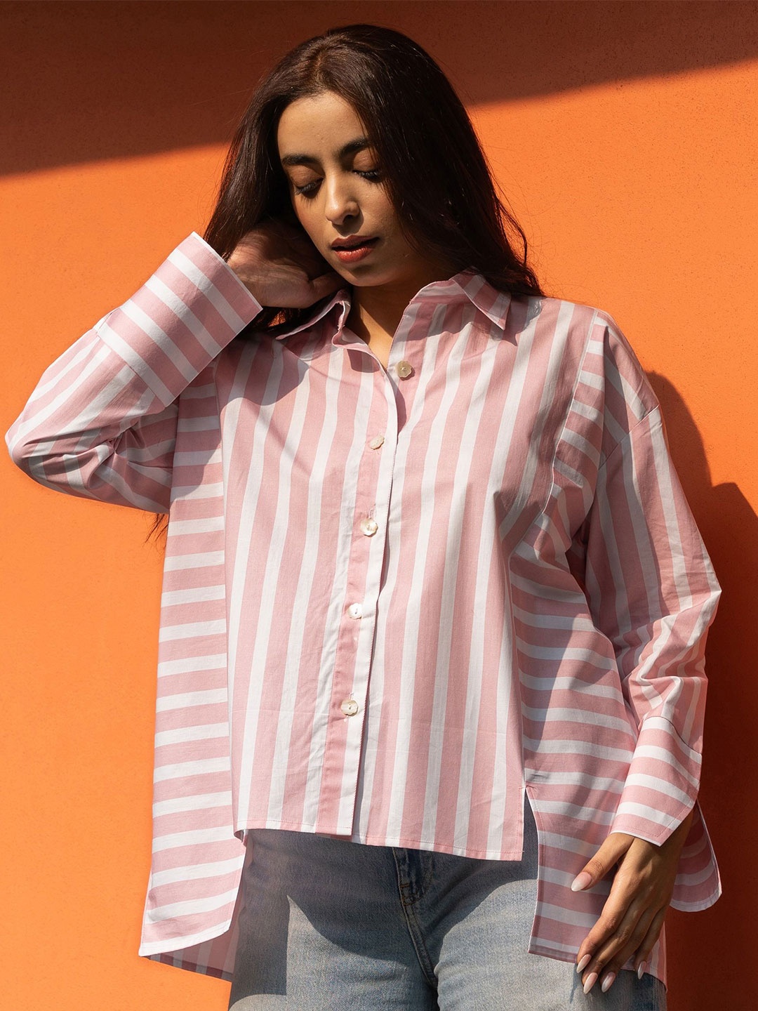 

GULABOSITABO Candy Stripes Cotton Oversize Shirt Top, Pink