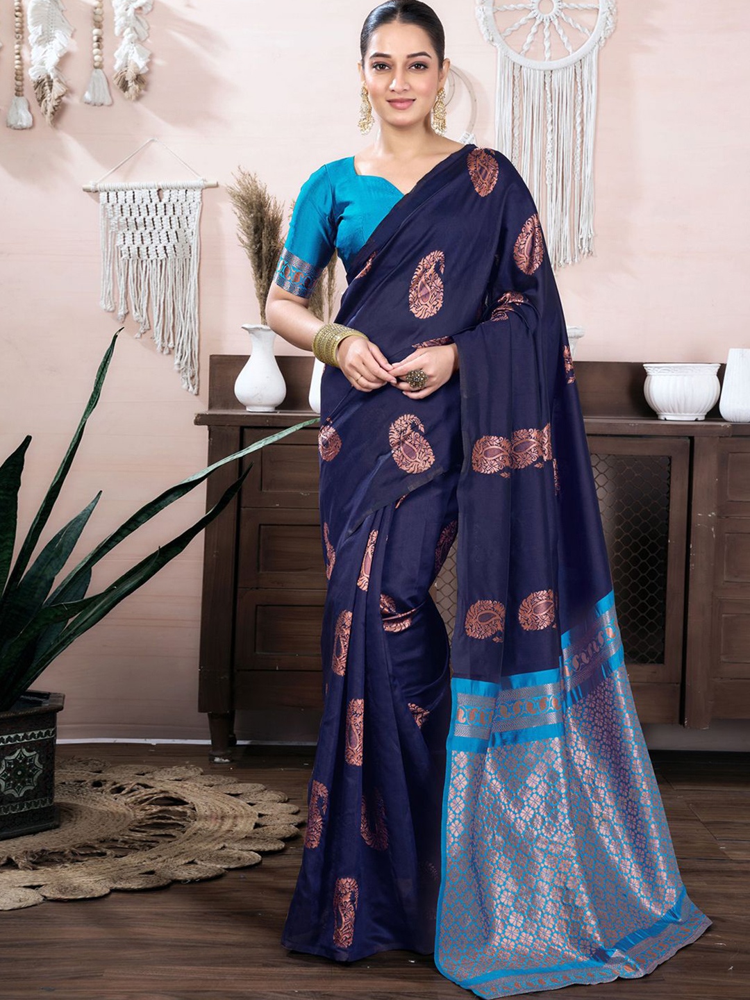 

KALINI Woven Design Zari Silk Blend Banarasi Saree, Blue