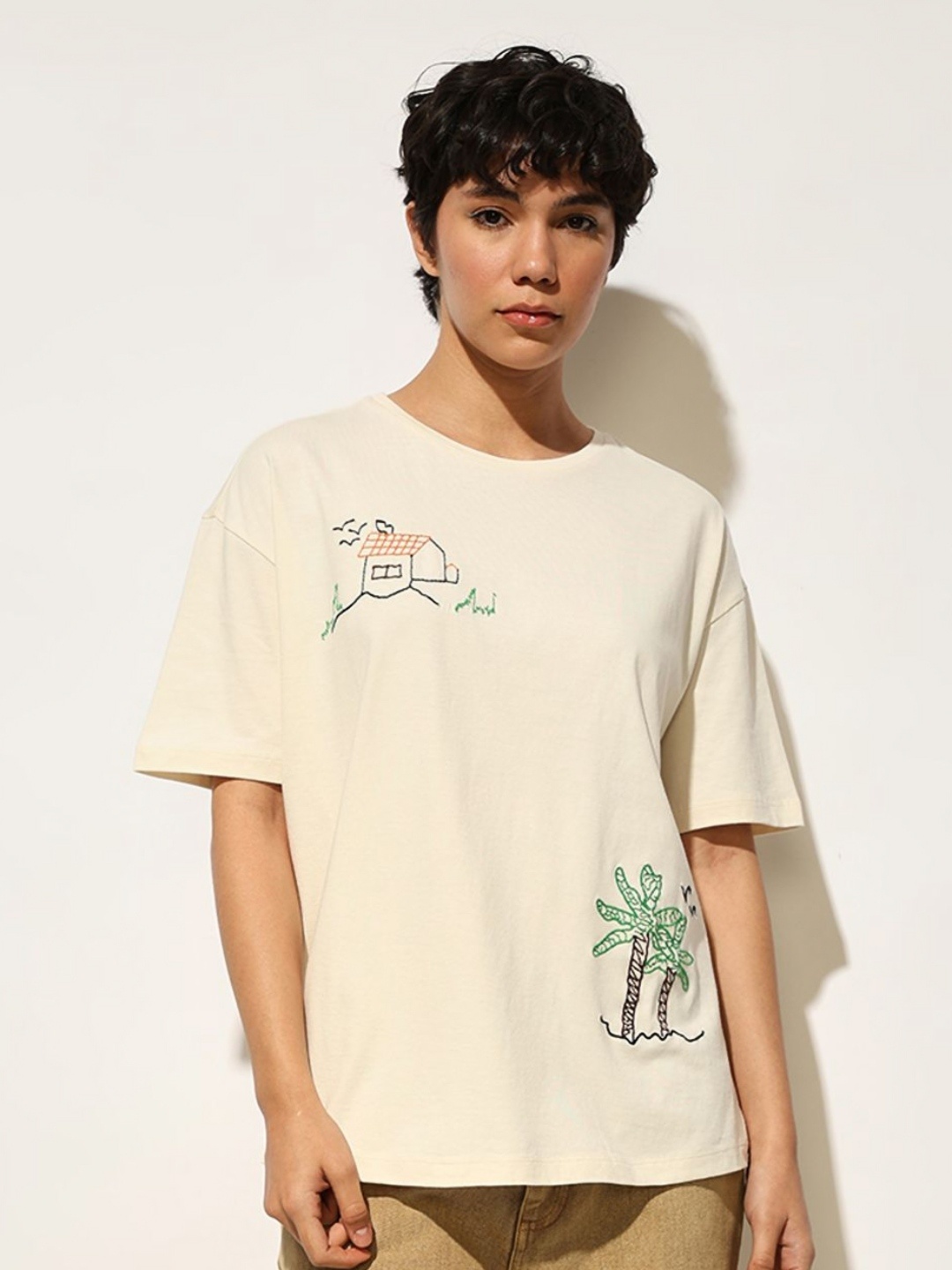 

ONLY Women Graphic Printed Round Neck Cotton Oversized T-shirt, Beige