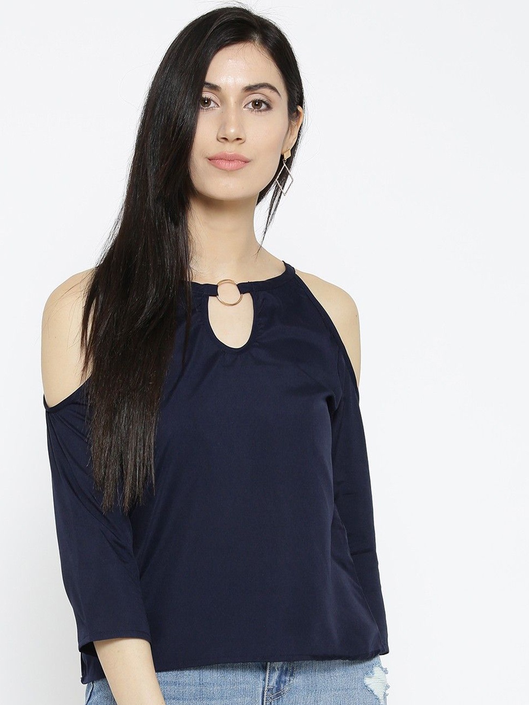 

Moda Rapido Keyhole Neck Cold-Shoulder Crepe Top, Navy blue