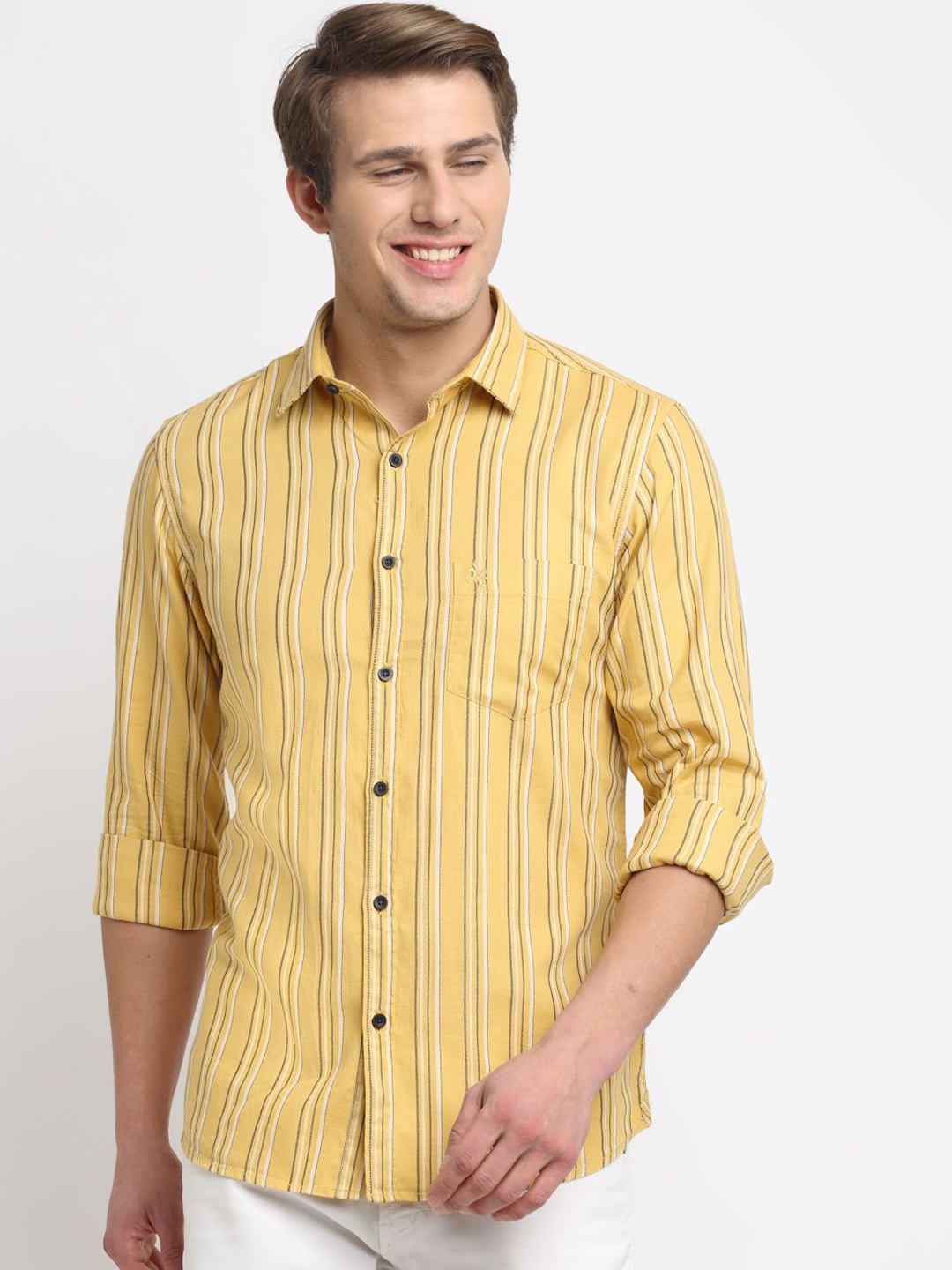 

Cantabil Men Comfort Fit Spread Collar Vertical Striped Cotton Casual Shirt, Mustard