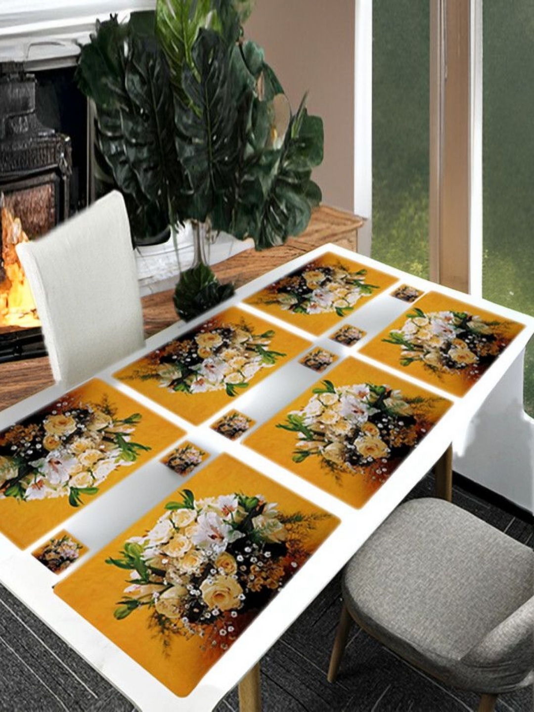 

REVEXO 6Pc Yellow & White Printed Rectangle Costers & Table Placemats