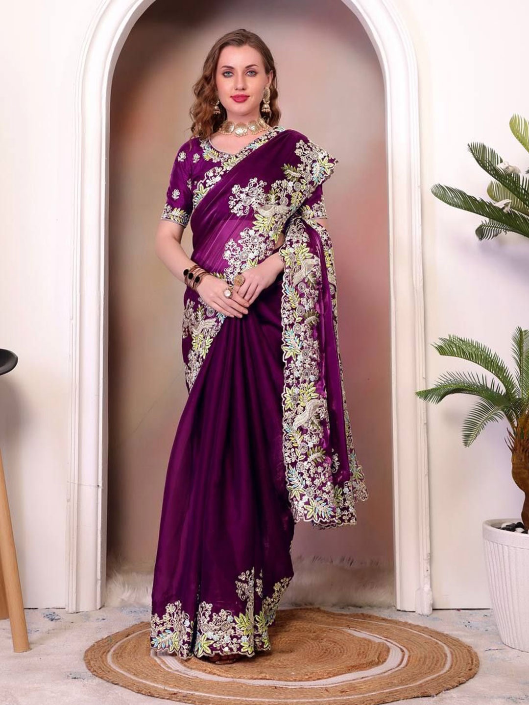 

Moda Rapido Floral Sequinned Organza Saree, Purple