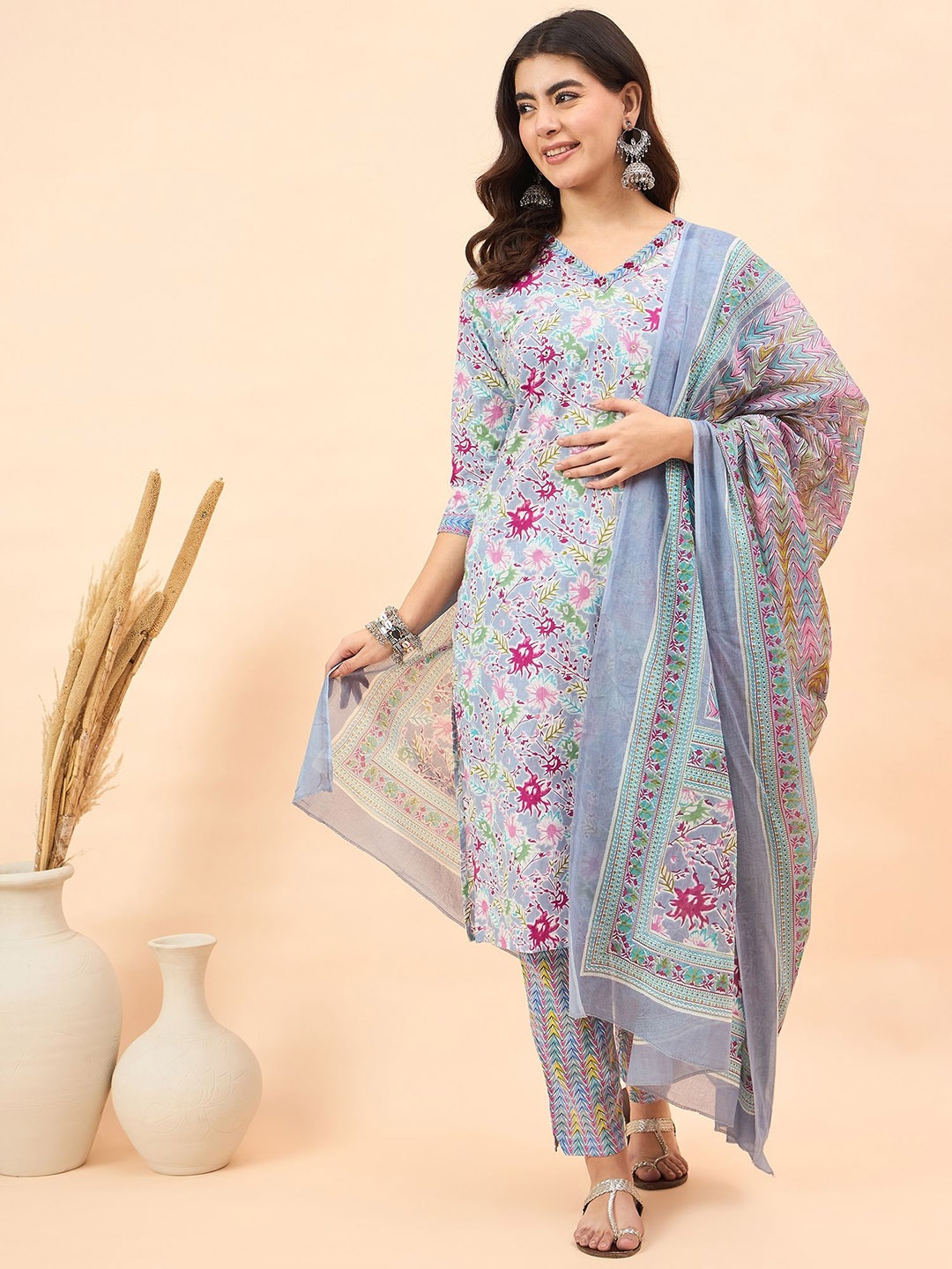 

Anouk Women Floral Printed Regular Pure Cotton Kurta with Trousers & With Dupatta, Grey