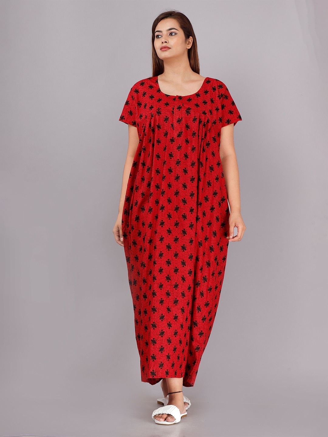 

PR PINK ROYAL Women Printed Pure Cotton Maxi Nightdress, Red