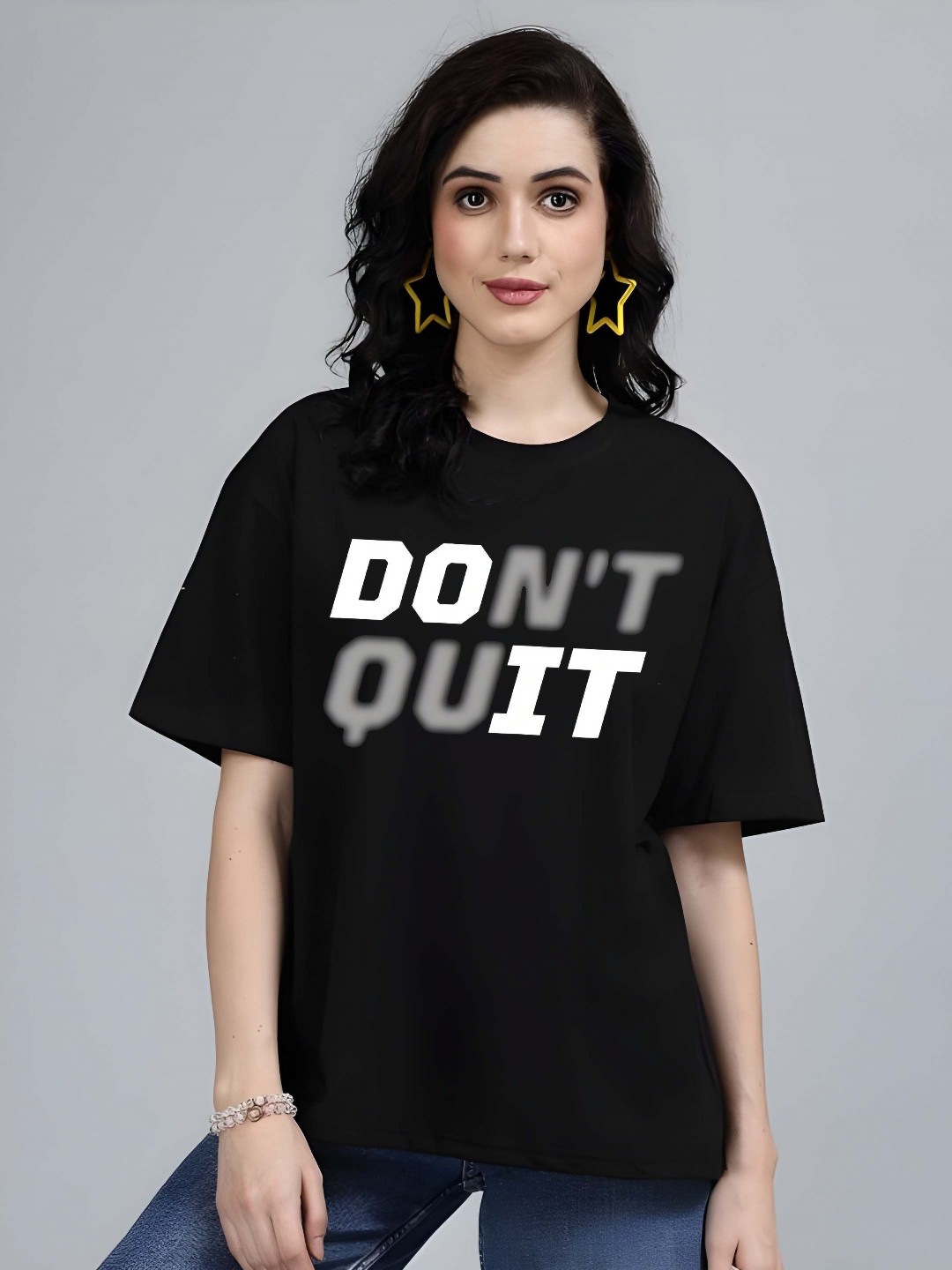 

SZN Women Typography Printed Round Neck Cotton Oversized T-shirt, Black