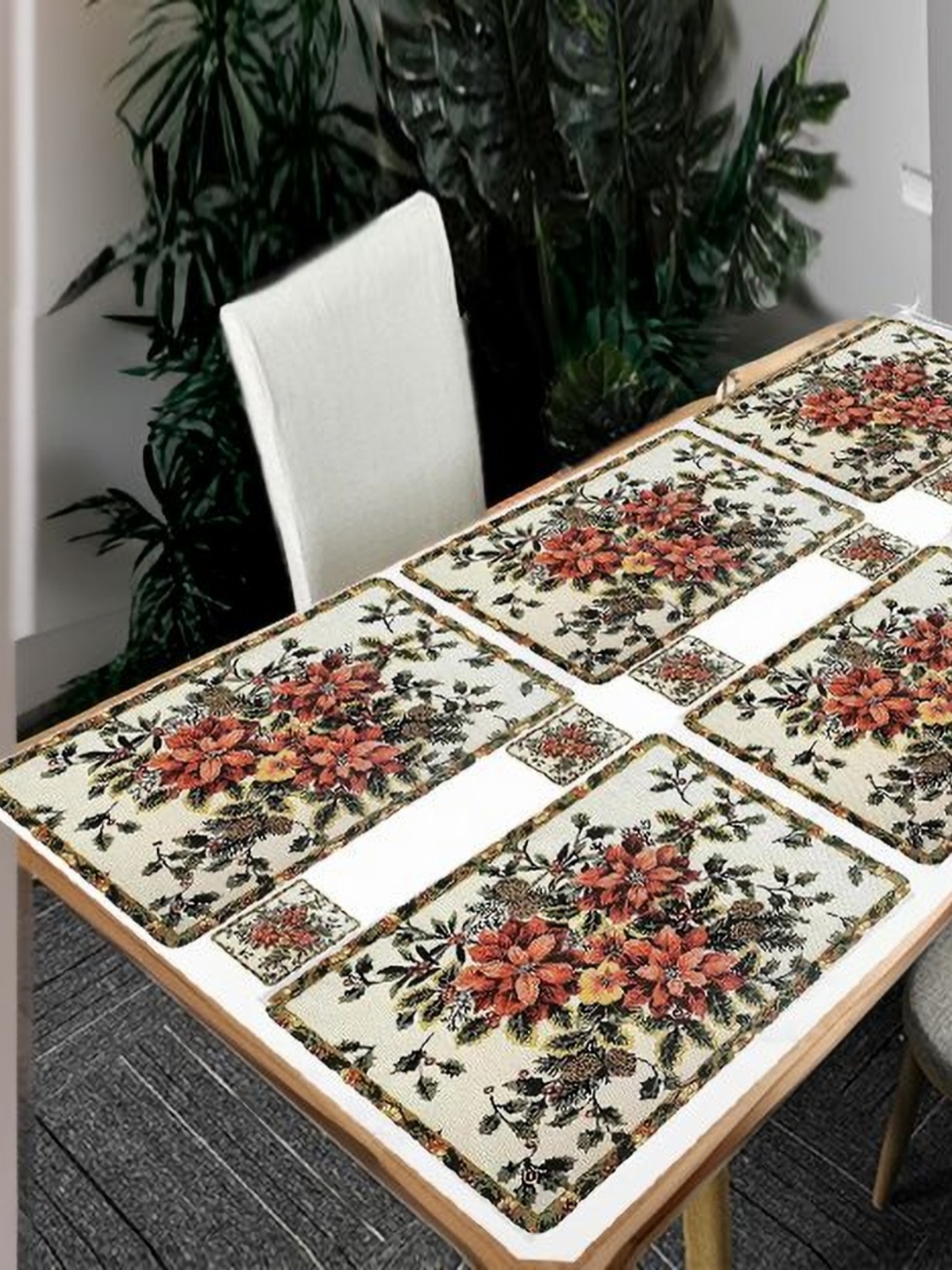 

REVEXO Beige 12 Pieces Floral Printed Rectangular Shaped Coasters & Table Placemats