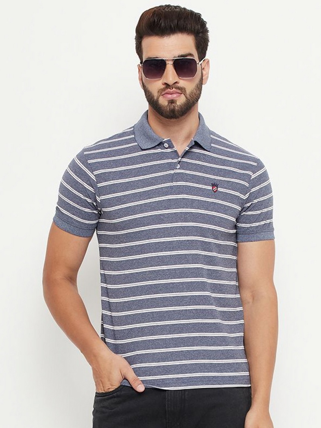 

RELANE Men Striped Polo Collar Cotton T-shirt, Grey melange