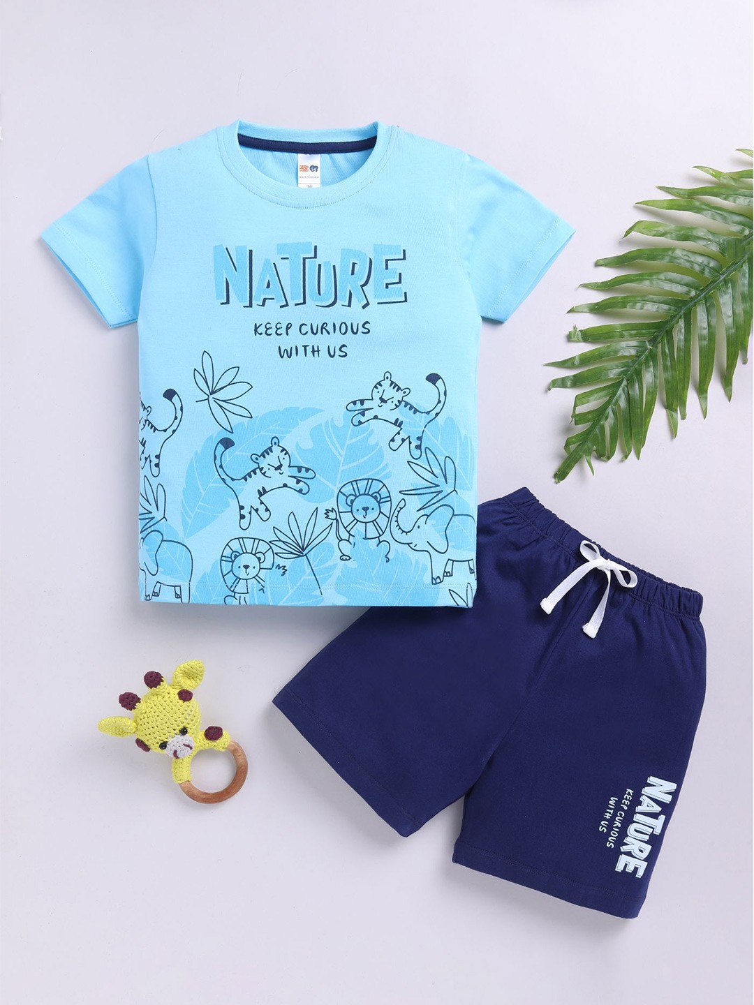 

LITTLE NINJA Boys Printed Round Neck Pure Cotton T-Shirt With Shorts, Blue