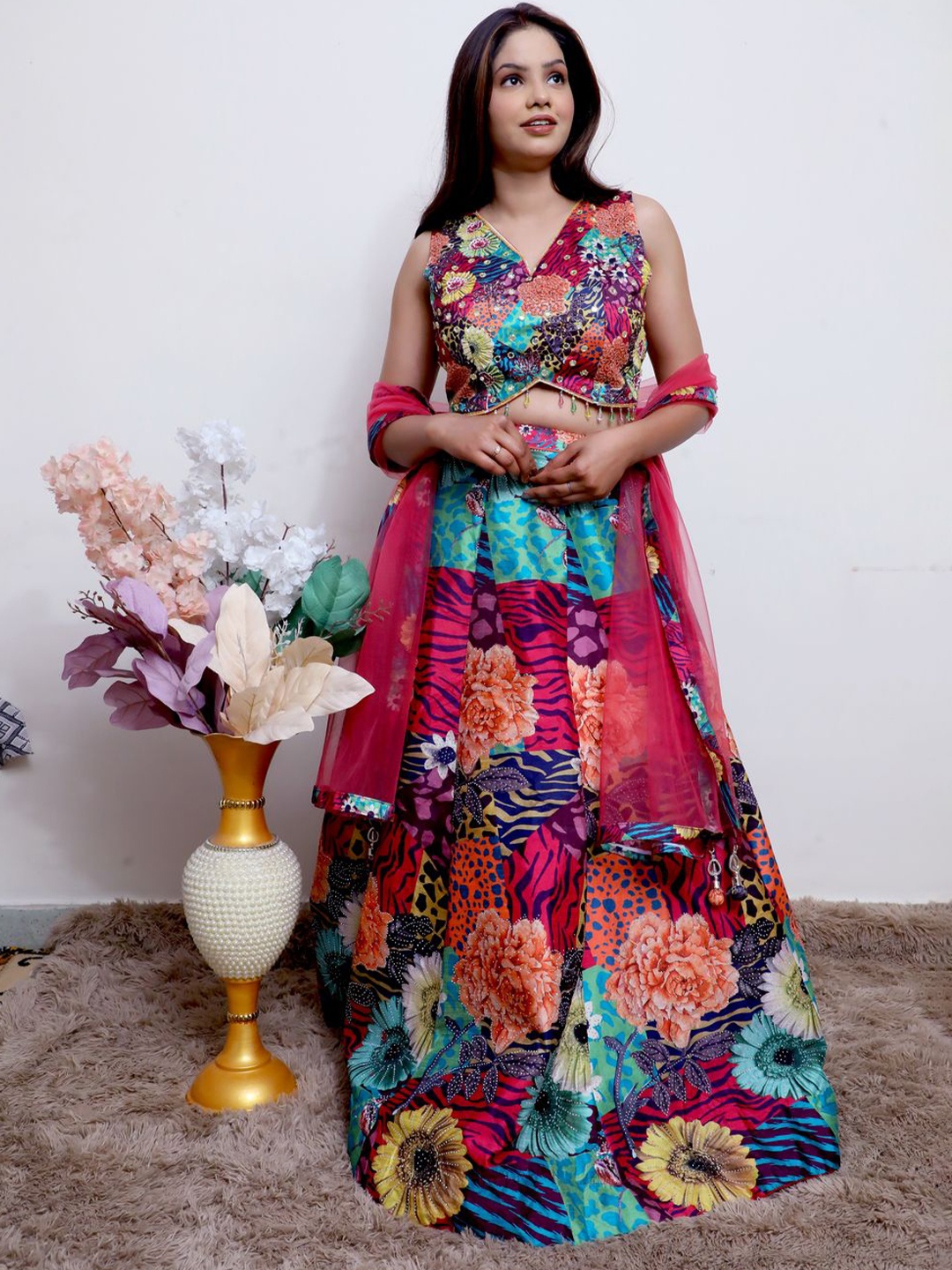 

Wavy Collection Floral Printed Mirror Work Ready to Wear Lehenga & Blouse With Dupatta, Pink