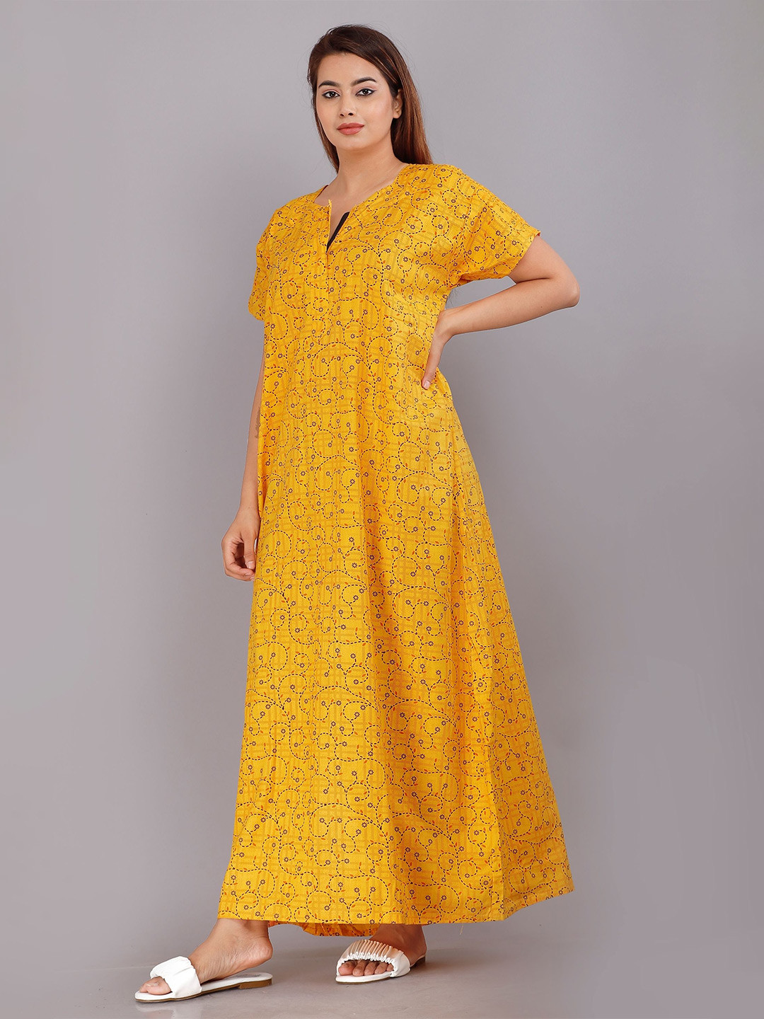 

PR PINK ROYAL Women Pure Cotton Square Neck Ethnic Motifs Printed Maxi Nightdress, Yellow