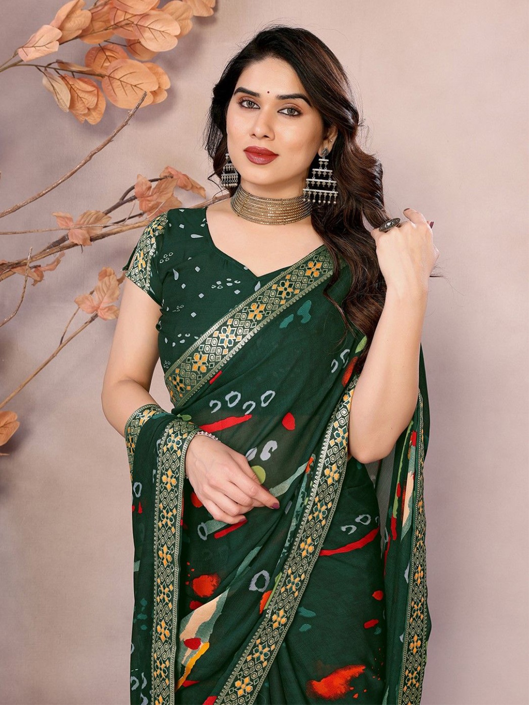 

KALINI Printed Zari Bandhani Saree, Green