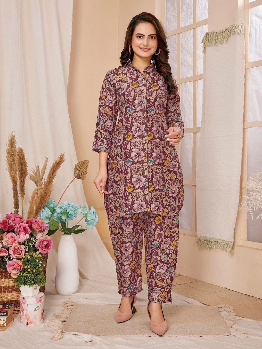 

Odette Floral Printed Shirt Collar Tunic With Trouser Co-Ords, Magenta