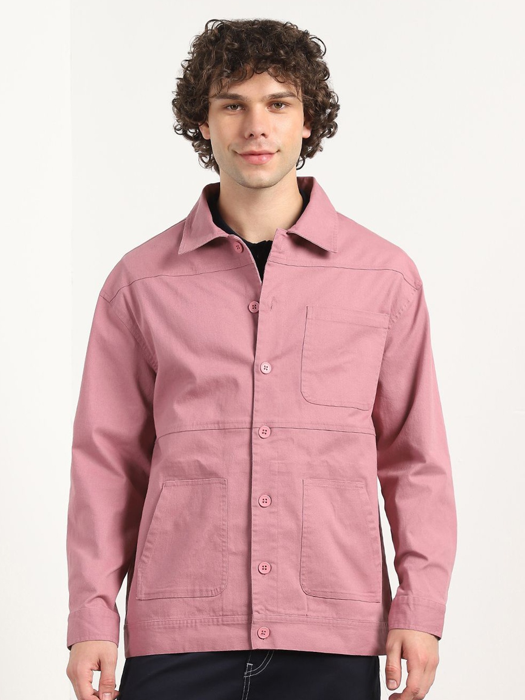 

NOBERO Spread Collar Pure Cotton Relaxed Fit Casual Shacket, Mauve