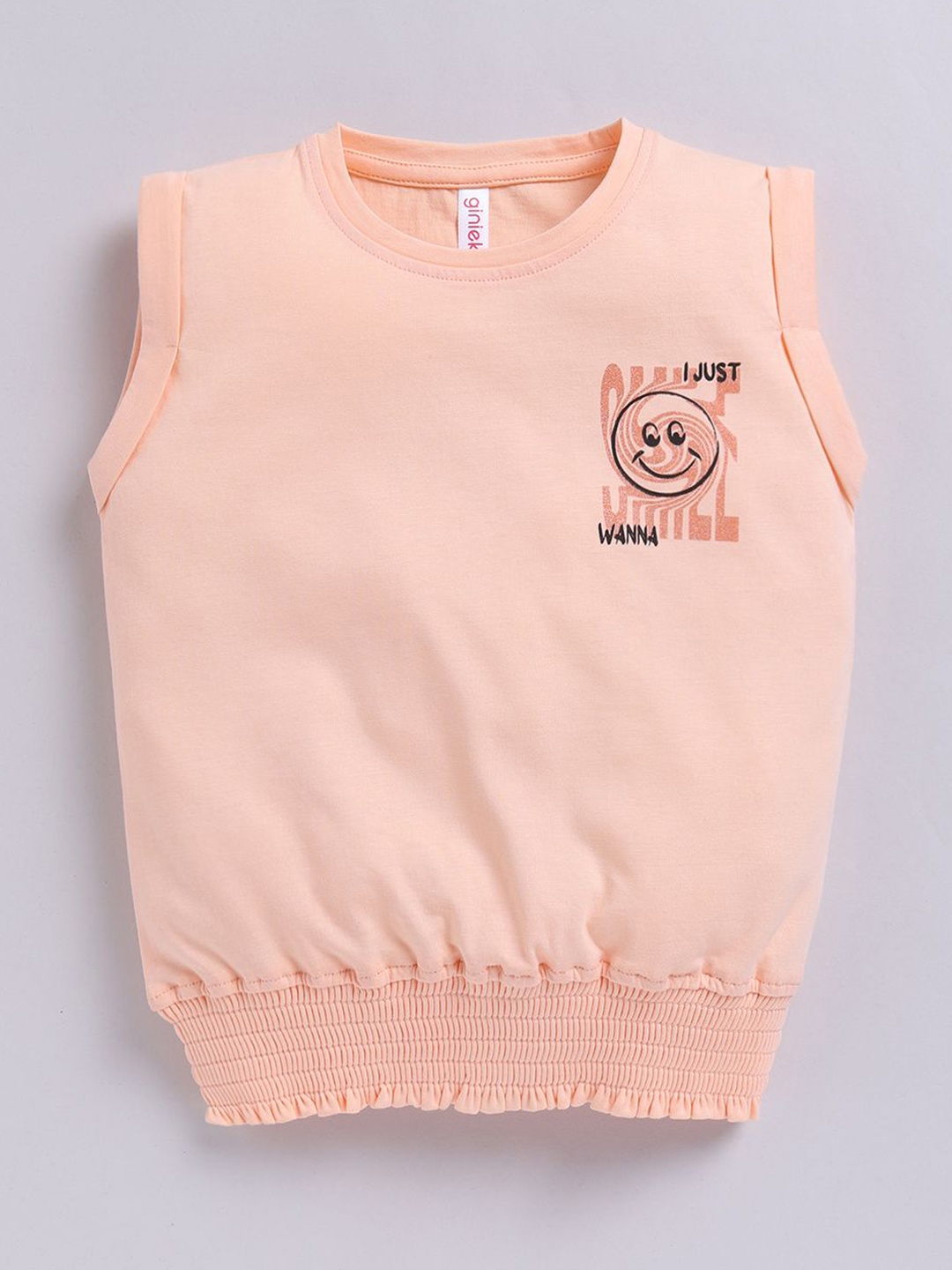 

Ginie Girls Typography Printed Smocked Top, Peach