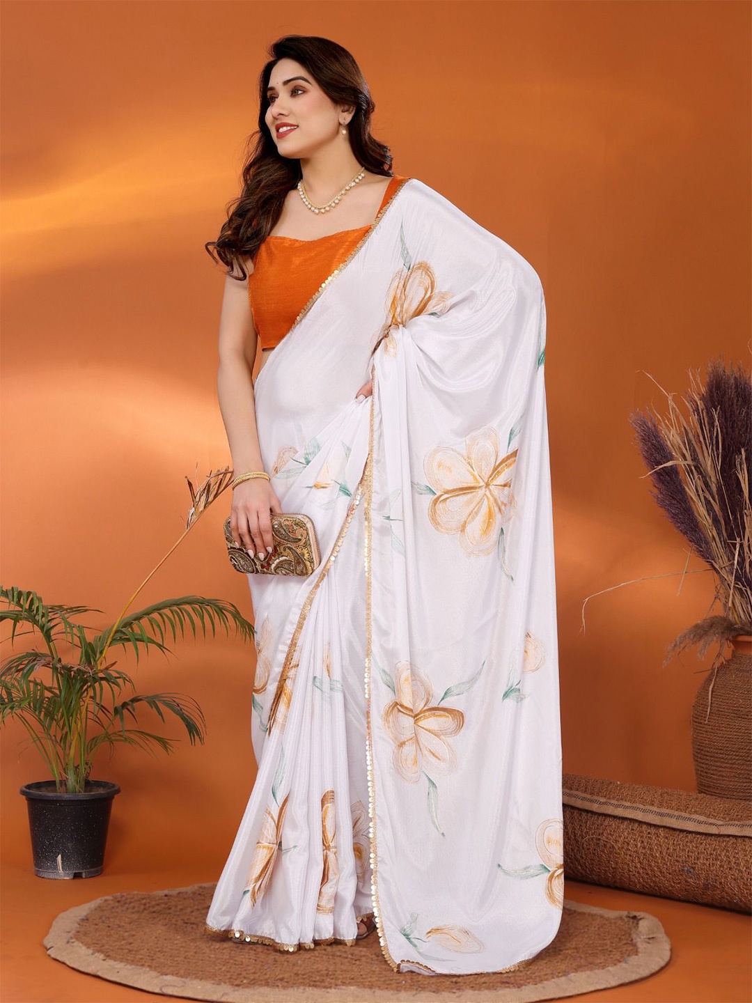 

PHORIA STYLE Floral print Satin Saree, Orange