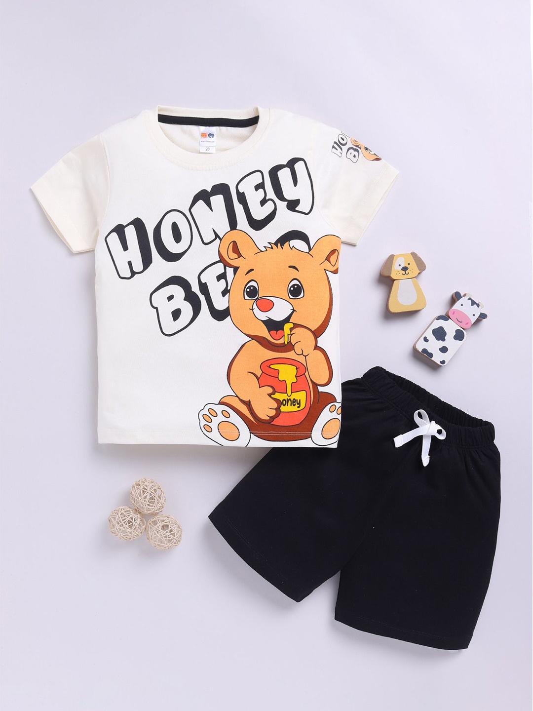 

LITTLE NINJA Boys Printed Round Neck Pure Cotton T-Shirt With Shorts, White