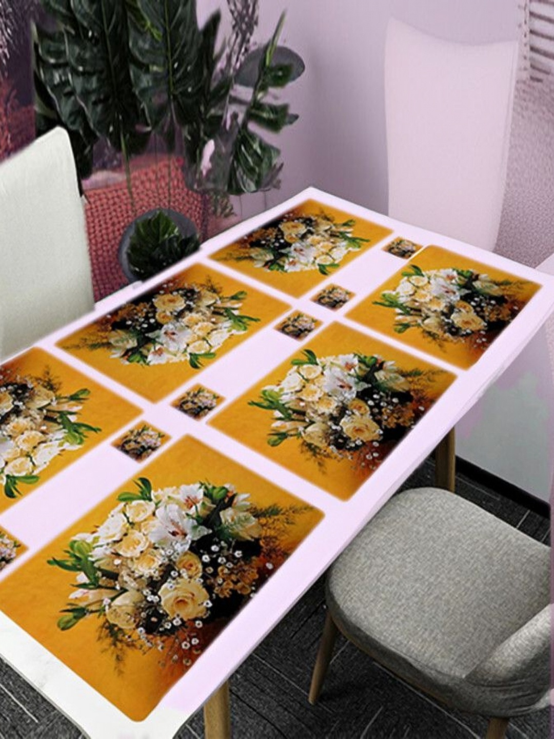 

REVEXO Yellow & White 12 Pcs Printed Rectangular Shaped Coasters & Table Placemats