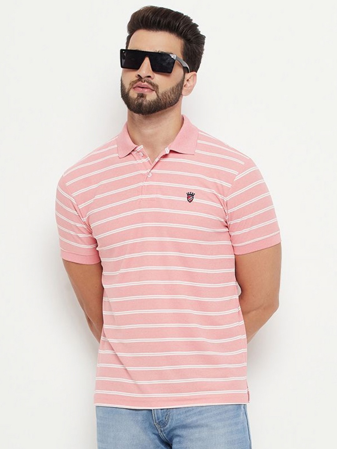 

RELANE Men Striped Polo Collar Cotton T-shirt, Pink